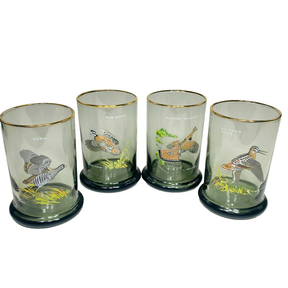 NED SMITH Double Lowball 12 oz Glass Set (4) Smoke Gold Rim Waterfowl Rocks EUC - Picture 7 of 11